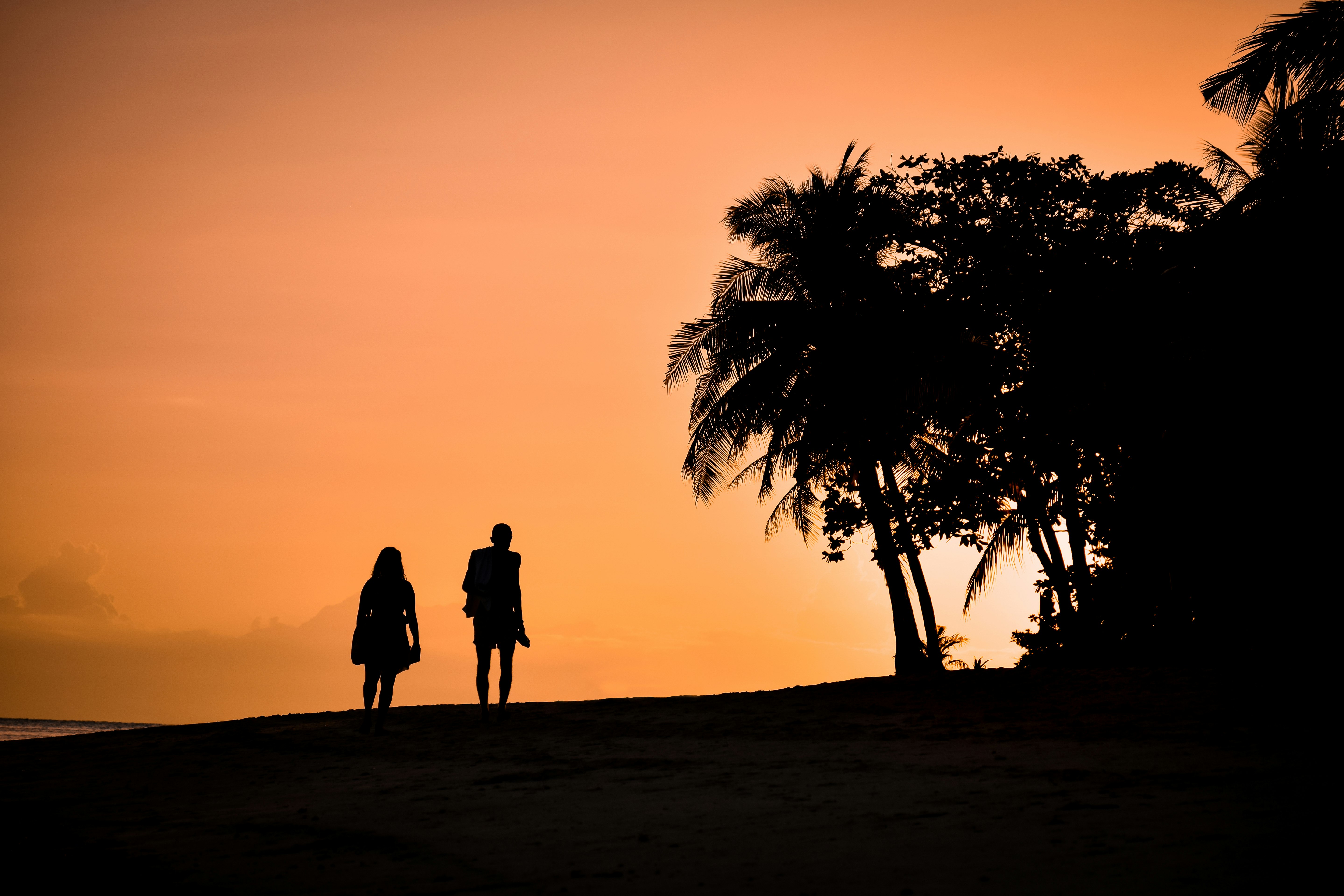 silhouette of man and woman standing on sand during sunset